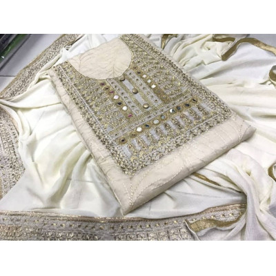 Chanderi and Santon Ladies Suit Silver White    